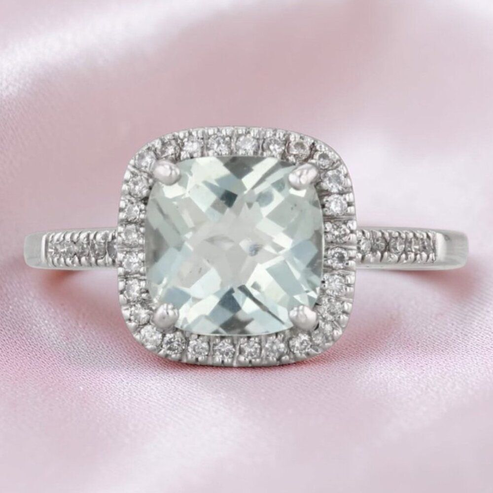 ESTATE- 14K White Gold -Aquamarine & Diamond Halo Ring -Sz 7- 2CT Cushion -2.6
